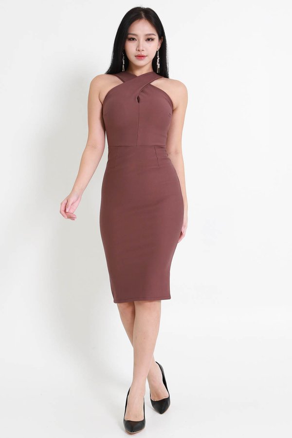 *Premium* Zayla Cross Front Midi Dress (Rose Brown)