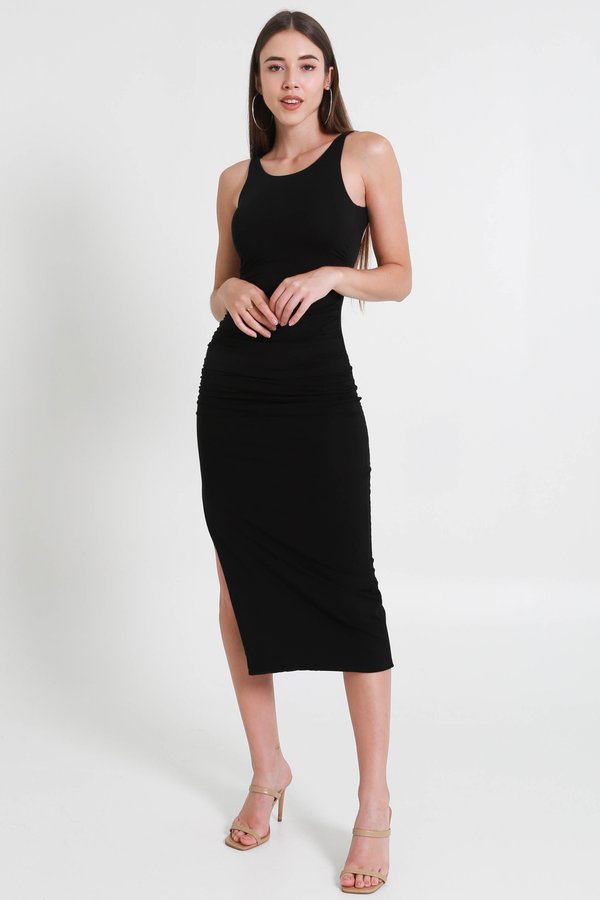 Talia Open Back Ruch Dress (Black)
