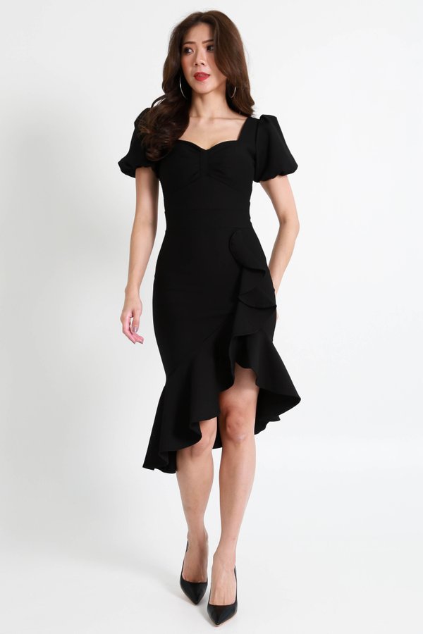 *Premium* Lylia Puffy Sleeved Ruffle Midi Dress (Black)