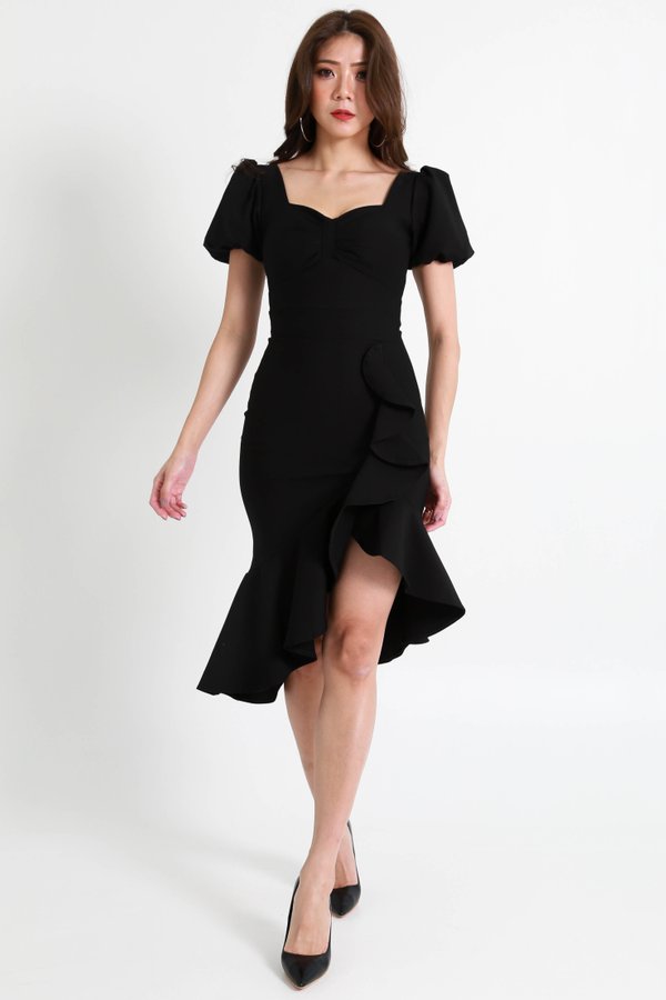 *Premium* Lylia Puffy Sleeved Ruffle Midi Dress (Black)