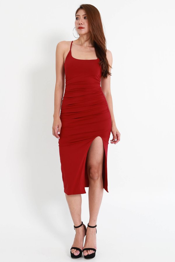 KatyKey - Asymmetrical Crisscross Backless Dress with Ruched Detailing