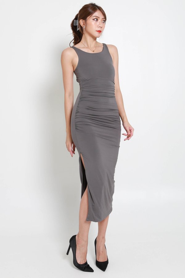 Talia Open Back Ruch Dress (Olive Grey)