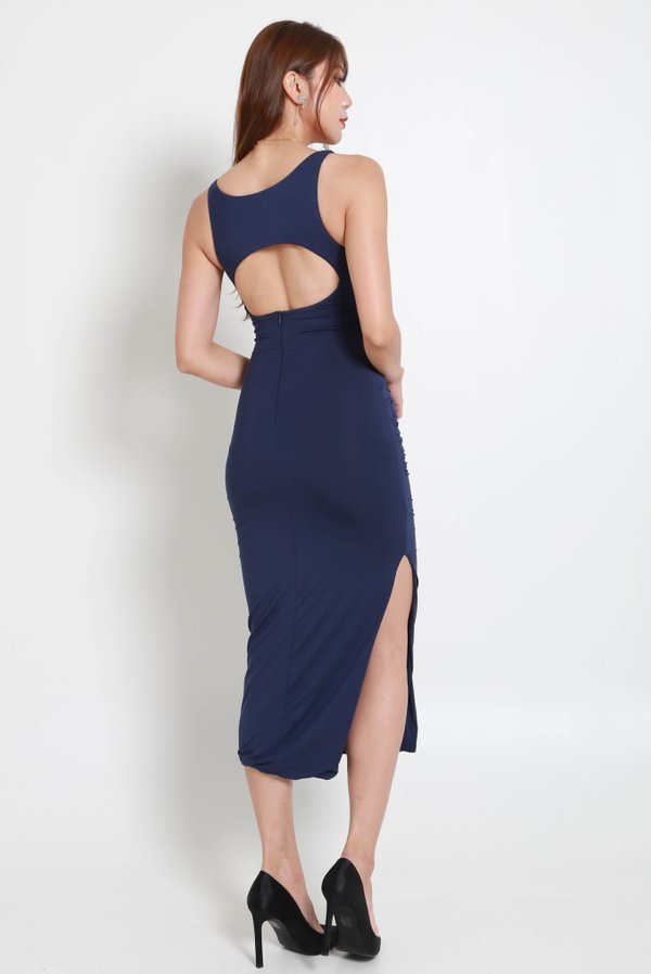 Talia Open Back Ruch Dress (Navy) Talia Open Back Ruch Dress (Navy)