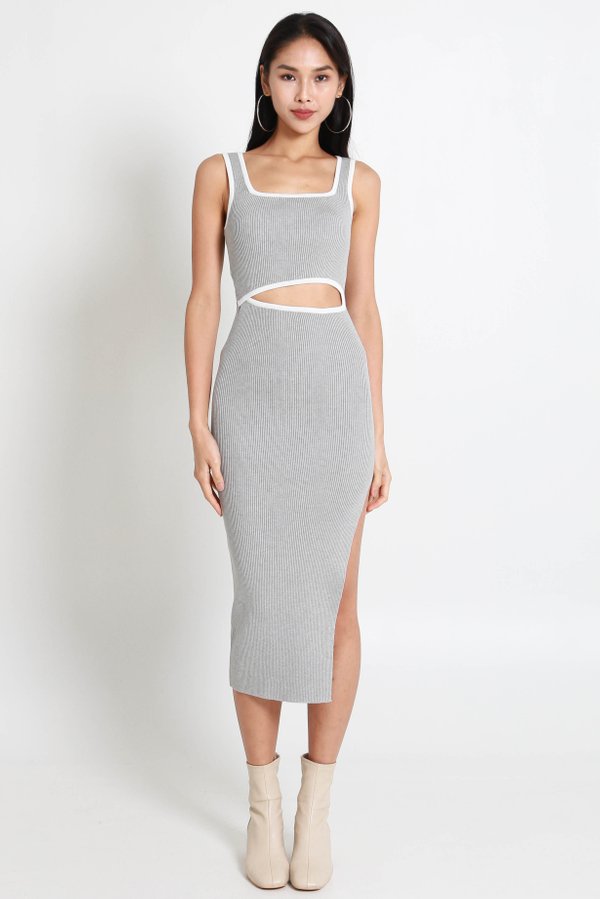 Outline Square Neck Cutout Dress (Grey)