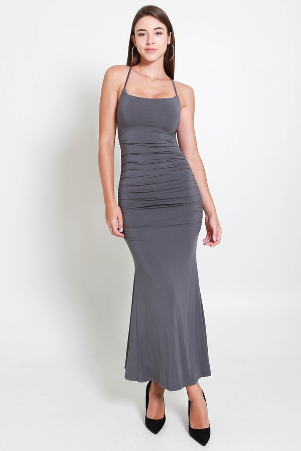 Myra Cross Back Self Tie Dress (Gunmetal)