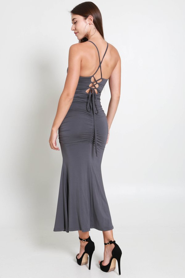 Myra Cross Back Self Tie Dress (Gunmetal)