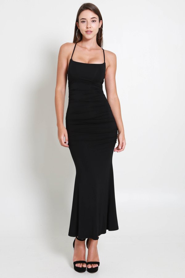 Myra Cross Back Self Tie Dress (Black)