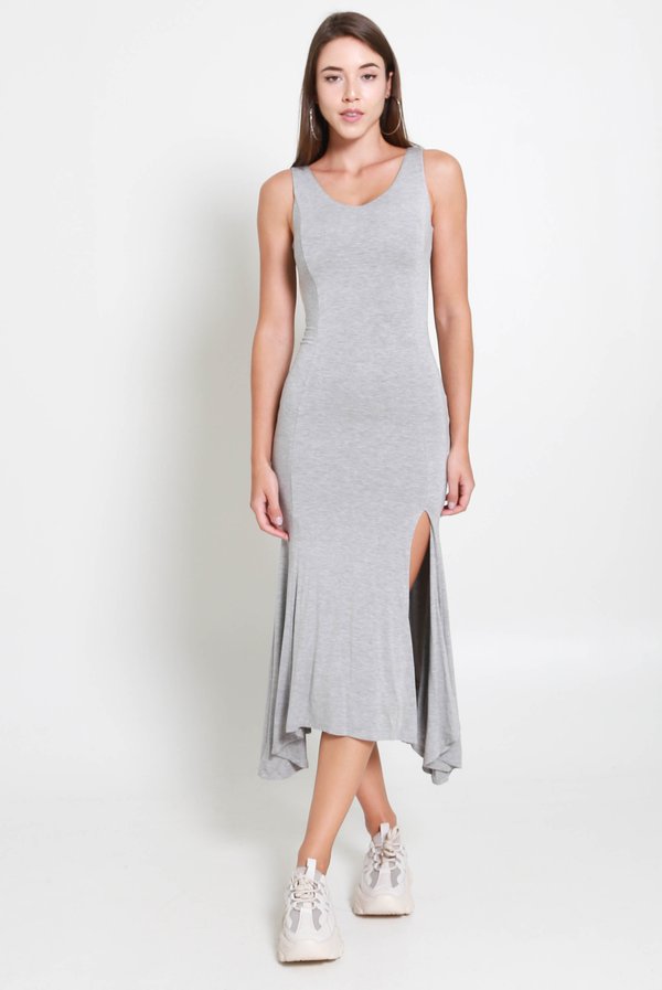 Norissa V Neck Slit Dress (Grey)