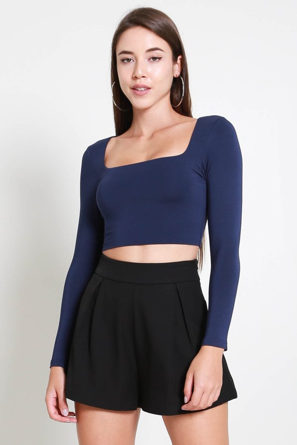 Lily Scoop Neck Long Sleeve Top (Navy)