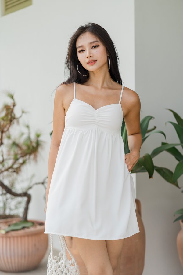 Kendra Ruched Romper Dress (White)