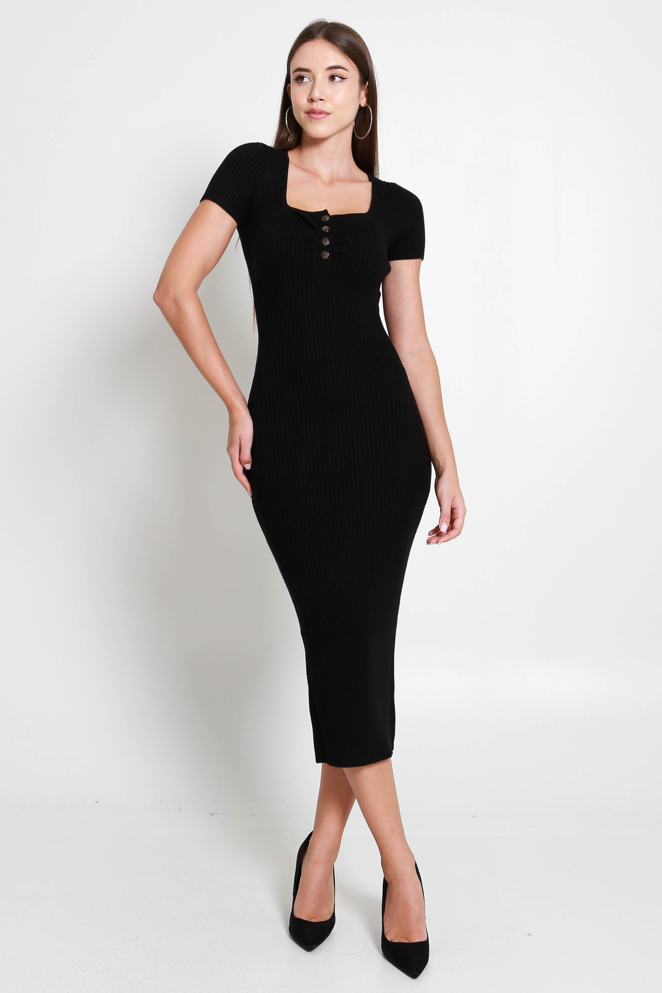 Gratis Button Knit Midaxi Dress (Black) | Carrislabelle