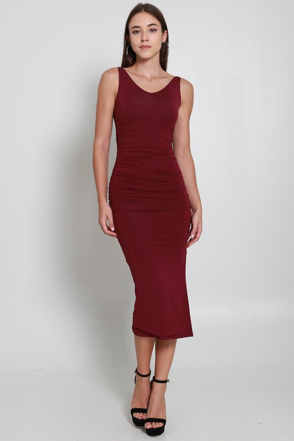 Ophelia V Neck Ruched Dress (Wine)