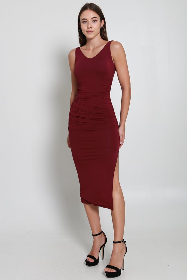 Ophelia V Neck Ruched Dress (Wine)