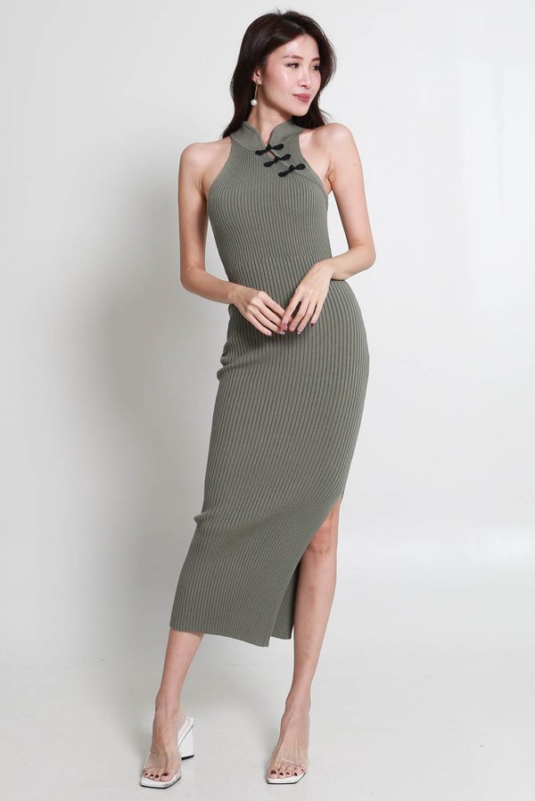 Yue Slit Knit Qipao (Jade Green)