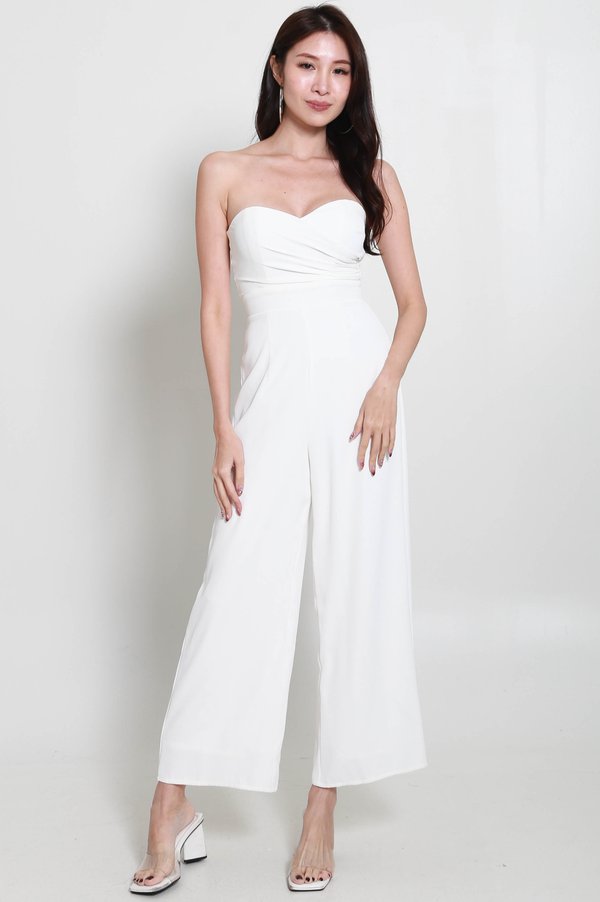 Densy Sweetheart Ruched Jumpsuit (White)