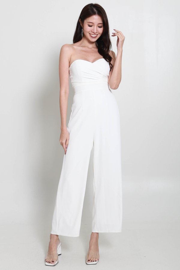 Densy Sweetheart Ruched Jumpsuit (White)