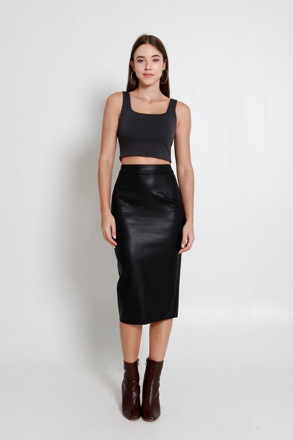 Tara Leather Midi Skirt (Black)