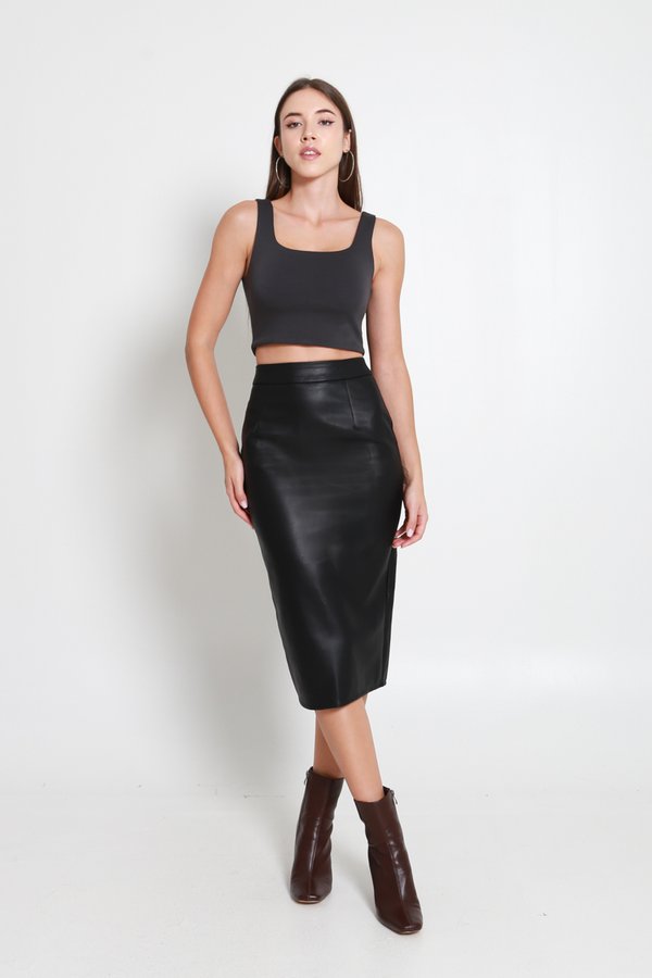Tara Leather Midi Skirt (Black)