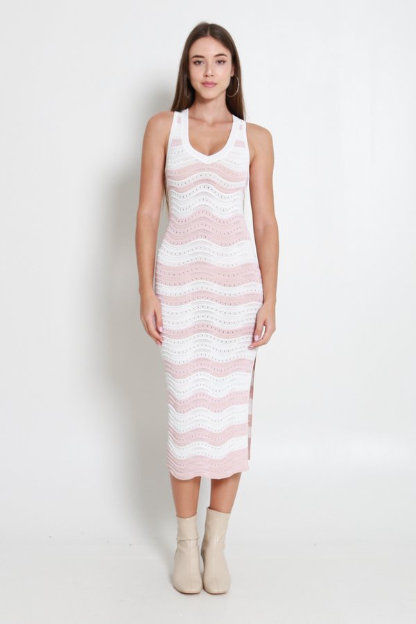 Grace Wavy Textured Knit Dress (Pink/White) 