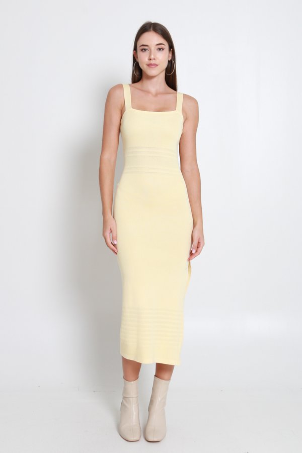 Carrie Knitted V Neck Dress Light Yellow