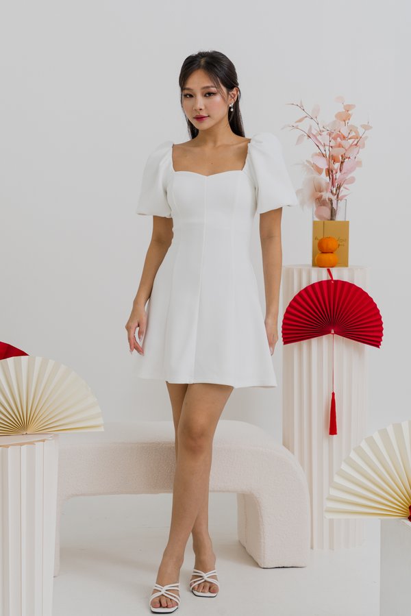 Cora Puff Sleeve Dress (White)