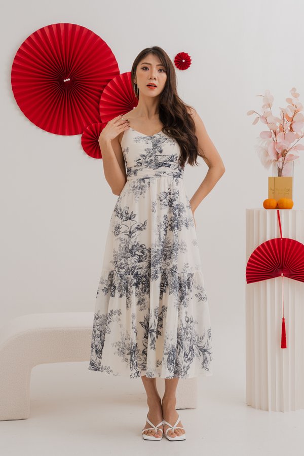 Adeline V Neck Dress (Midnight White Floral)