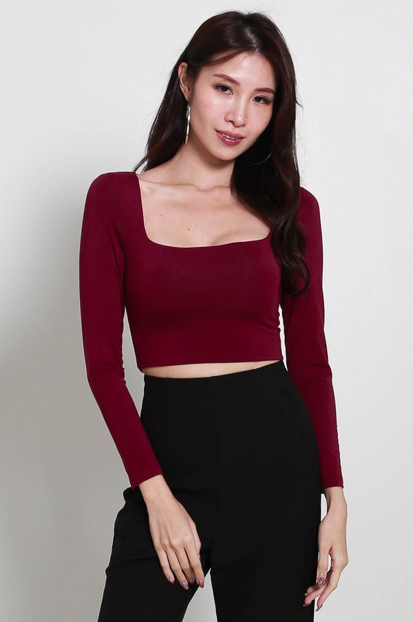 Lily Scoop Neck Long Sleeve Top (Wine)