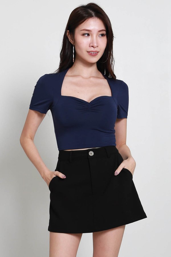 Pia Sweetheart Sleeved Top (Navy)