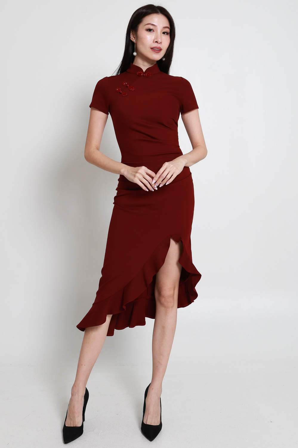 Maroon hotsell ruched dress