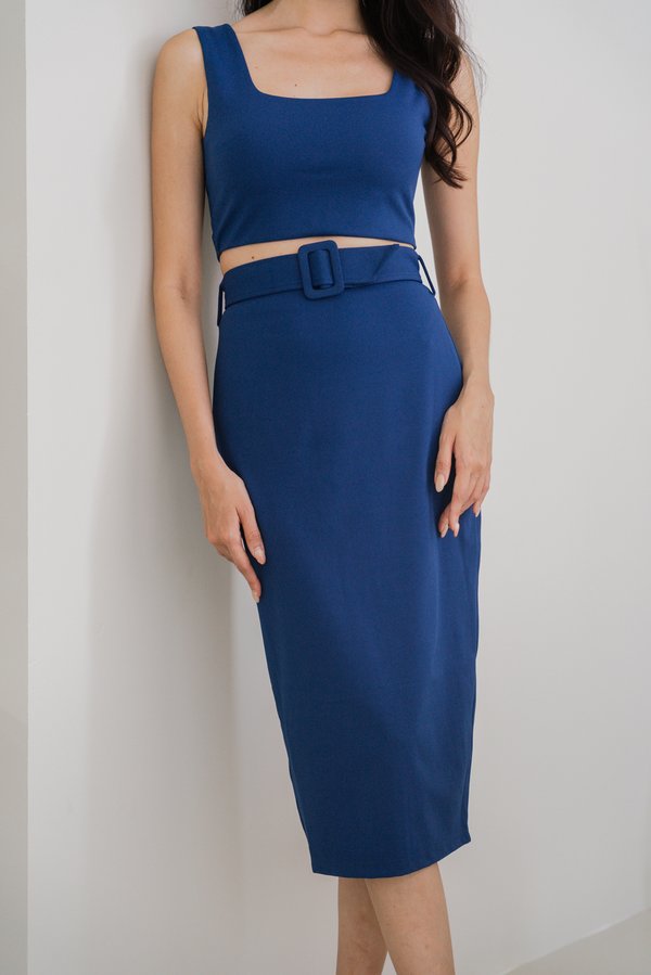 Mylie Belted Midi Skirt (Steel Blue)