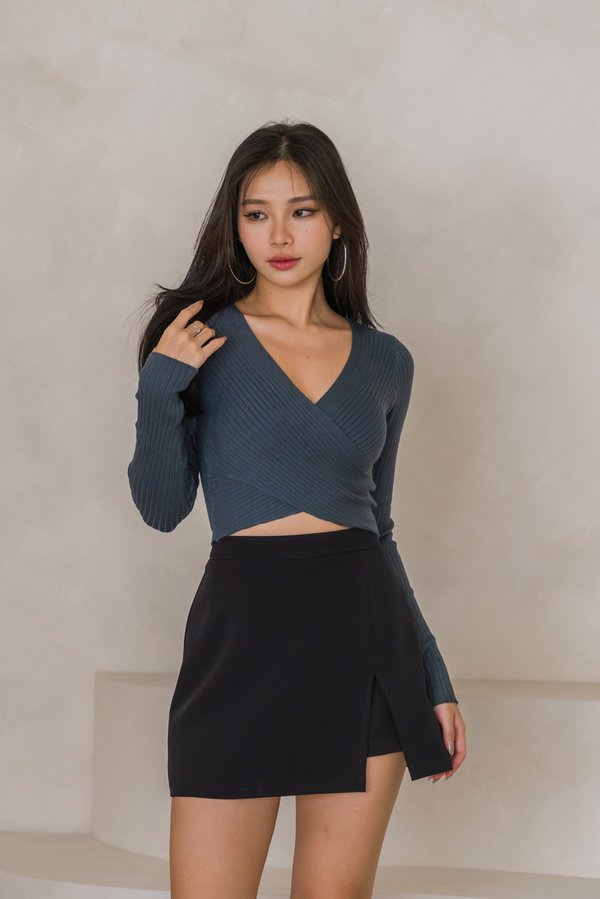 Avri Wrap Knit Top (Gunmetal)
