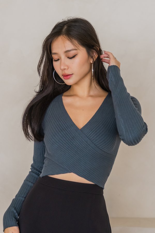 Avri Wrap Knit Top (Gunmetal)
