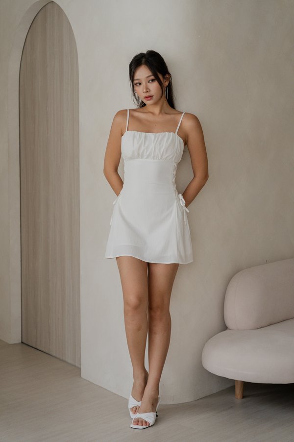 Mira Side Ribbon Romper Dress (White)