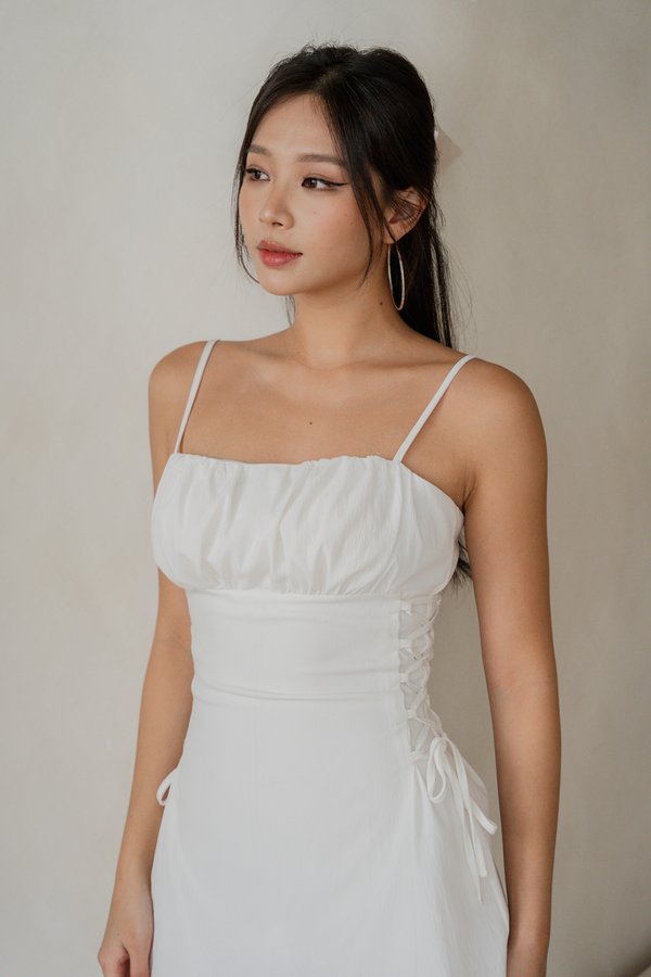 Mira Side Ribbon Romper Dress (White)