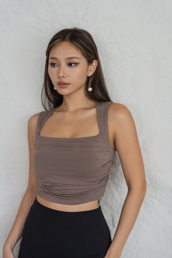 Renee Queen Anne Ruched Top (Taupe)