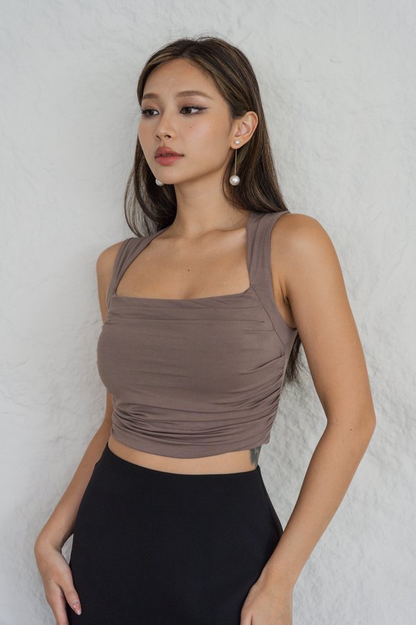 Renee Queen Anne Ruched Top (Taupe)