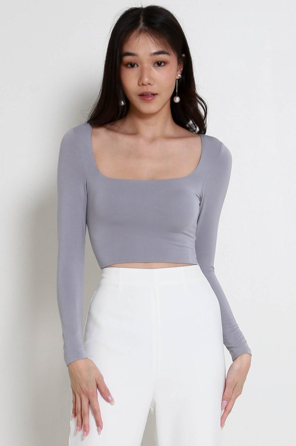 Lily Scoop Neck Long Sleeve Top (Greyish Blue)