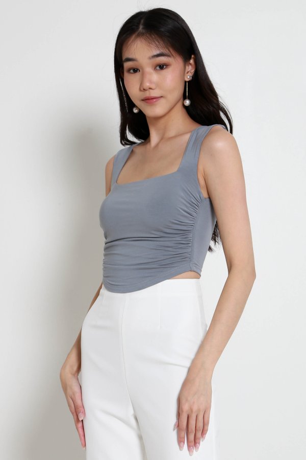 Raelynn Curve Hem Top (Dusty Blue) Raelynn Curve Hem Top (Dusty Blue)