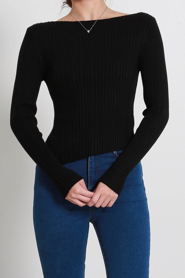 Sarah Boat Neck Knit Top (Black)