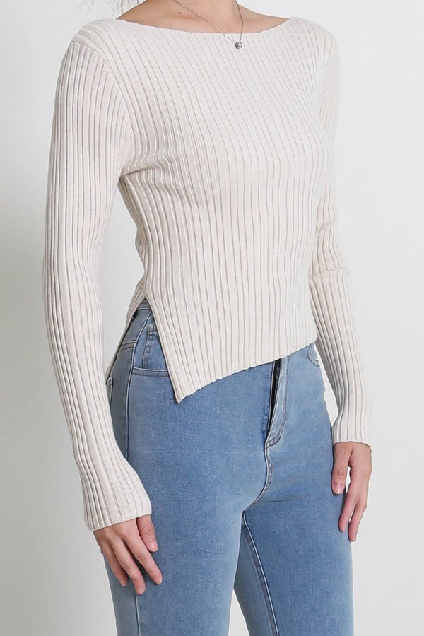 Sarah Boat Neck Knit Top (Greyish Oat)
