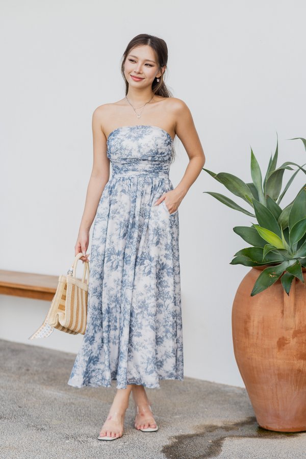 Edith Ruched Midi Dress (Blue Grey Floral) Edith Ruched Midi Dress (Blue Grey Floral)