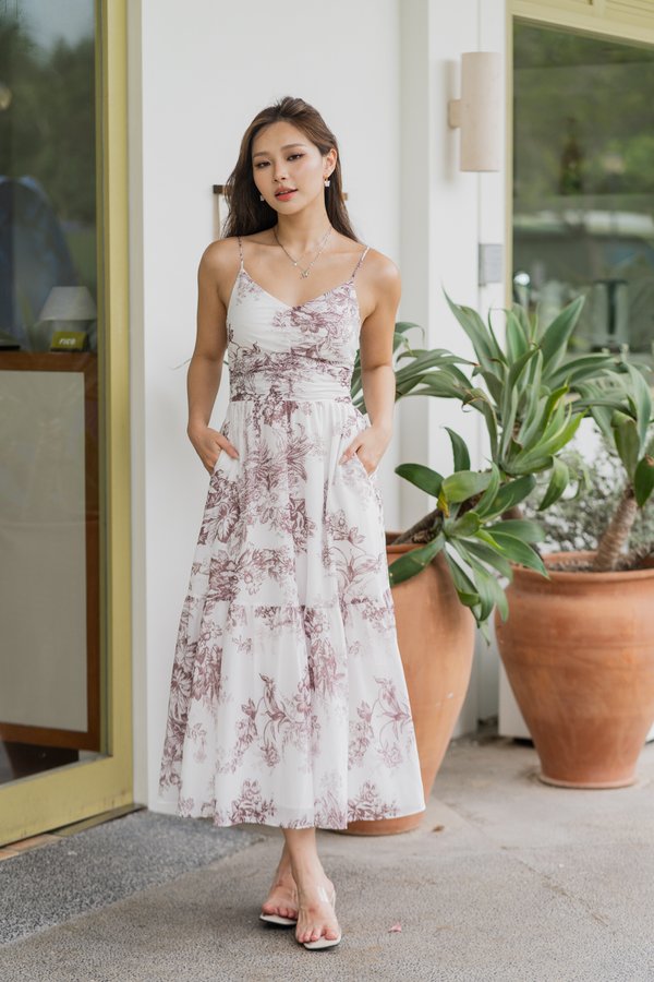 Adeline V Neck Dress (Brown White Floral)