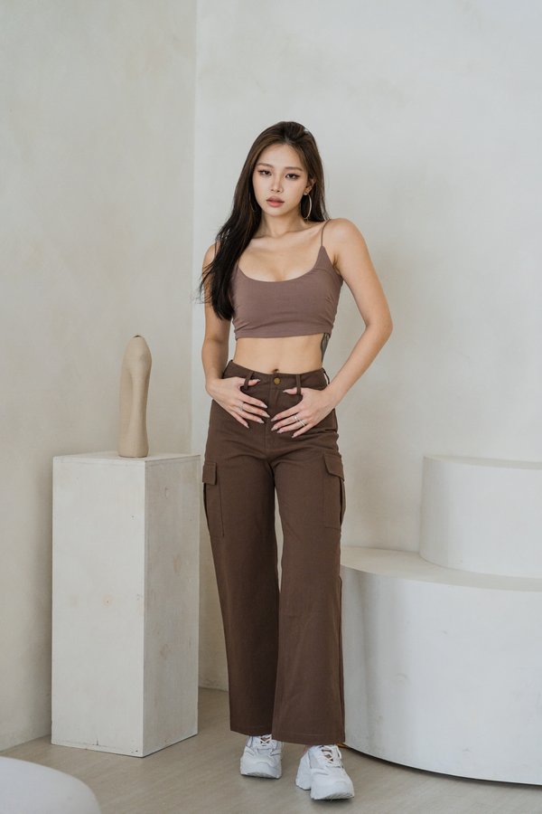 Ines Wide Leg Cargo Jeans (Brown)