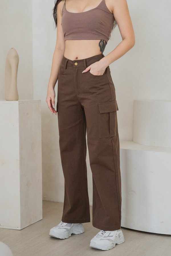 Ines Wide Leg Cargo Jeans (Brown)