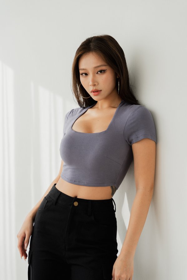 *Lite* [CROPPED] Lyla Queen Anne Top (Steel Blue)