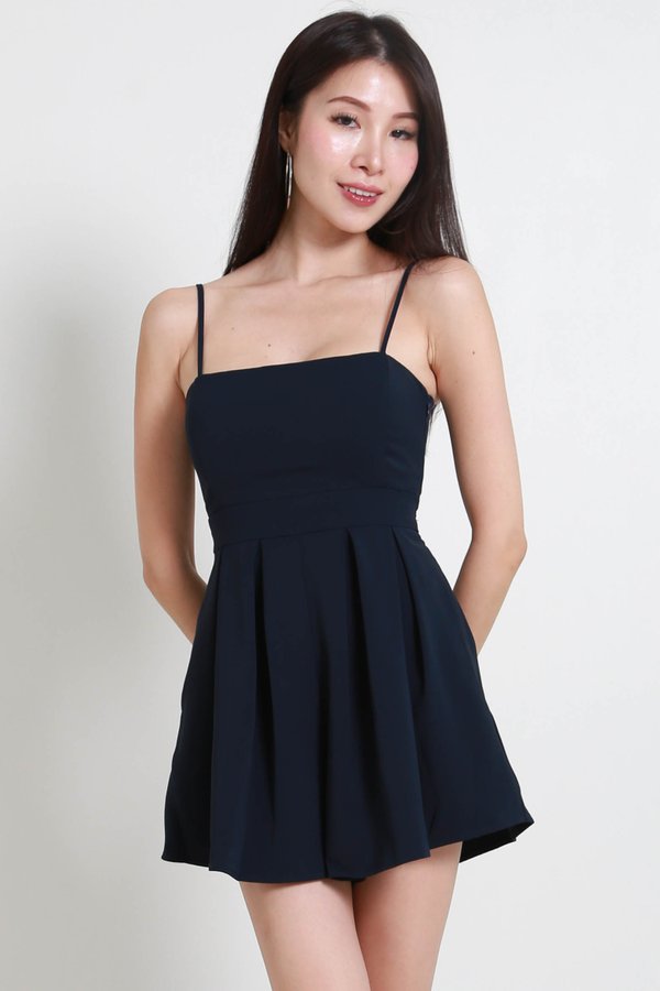 Lazier Pleated Romper (Navy/BackZip)