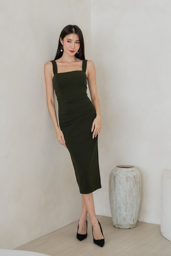 Aelin Straight Neck Ruch Midi Dress (Dark Olive)