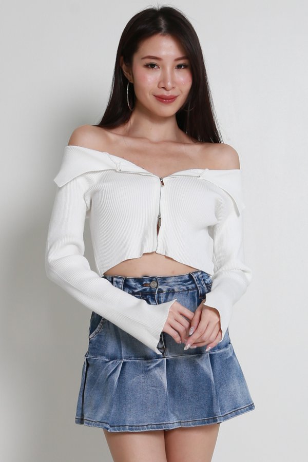 Caitlin Off Shoulder Knit Cardigan (White)