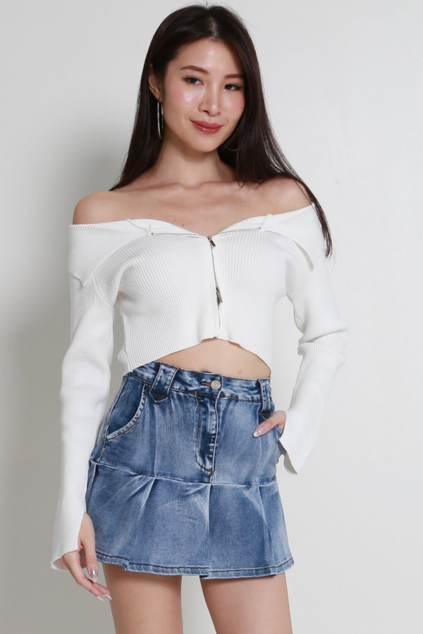 Caitlin Off Shoulder Knit Cardigan (White)