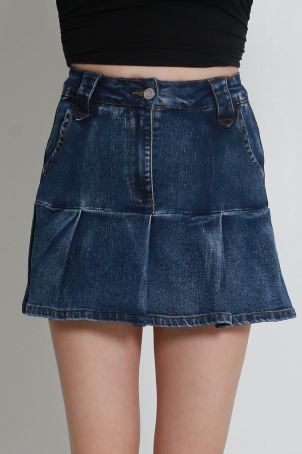 Adrena Denim Pleated Skorts (Dark Acid)